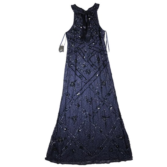 ADRIANNA PAPELL BEADED HALTER GOWN LIGHT NAVY Sz 14 - Picture 2 of 16
